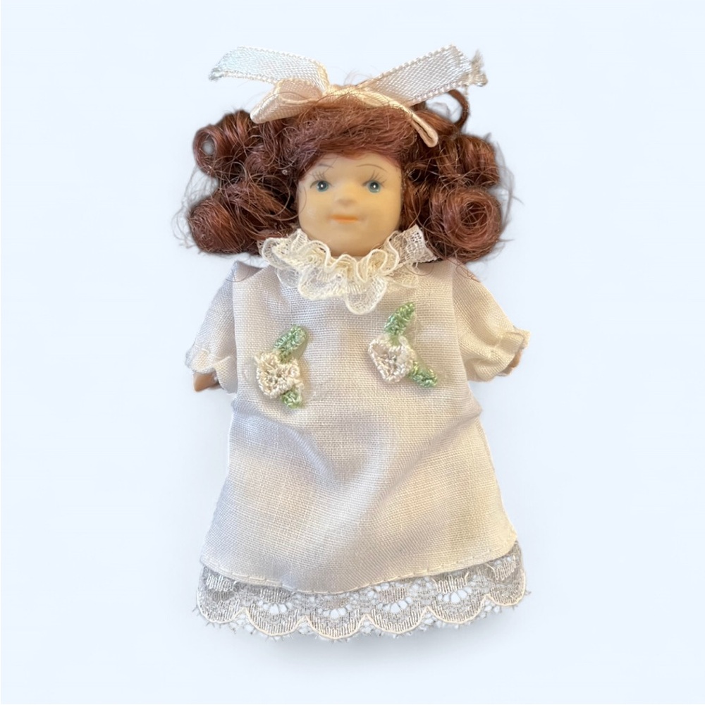 Vintage Miniature Bisque Porcelain 3" Doll with Auburn Hair in Original Dress